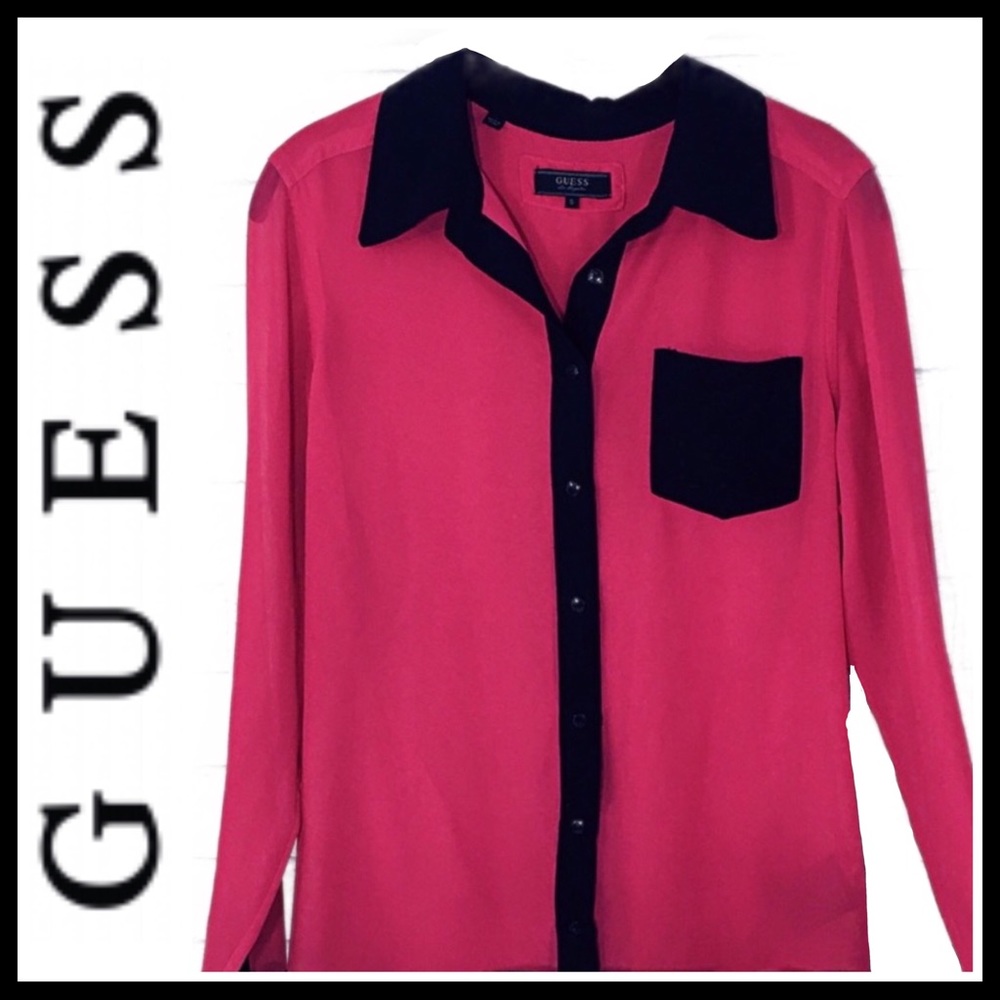 GUESS LA Blouse Button Down Up Hot Pink Small NWOT